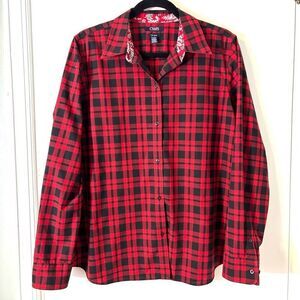 Chaps XL red & black check no iron cotton contrast print detail button front shi